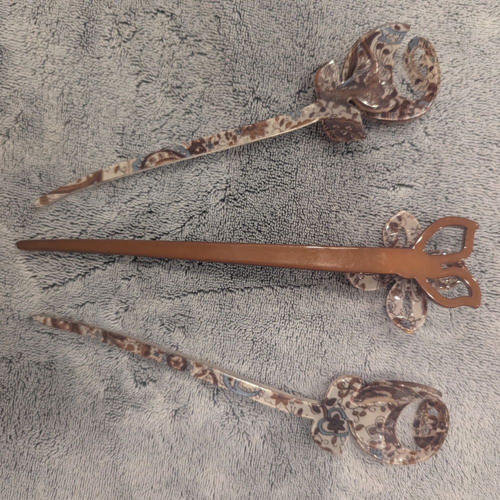 Vintage Art Deco Celluloid Rhinestone Floral Hair Sticks Set - Picture 2 of 6